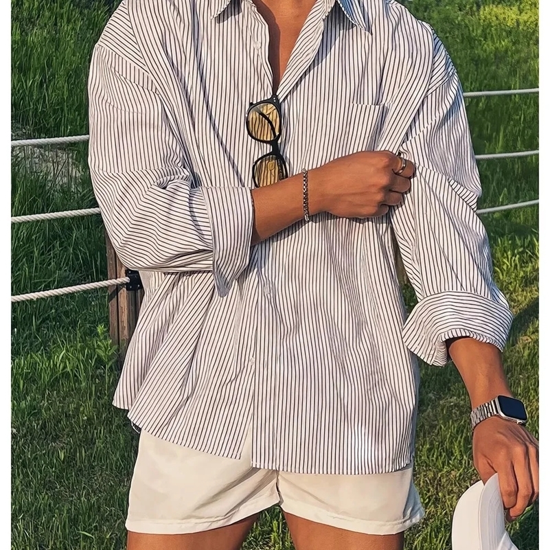 Unisex Oversized Striped Shirt Coat Mens Long Sleeve Casual Loose Fit Fashion Japanese Korean Style Sun Protection Clothing 240924