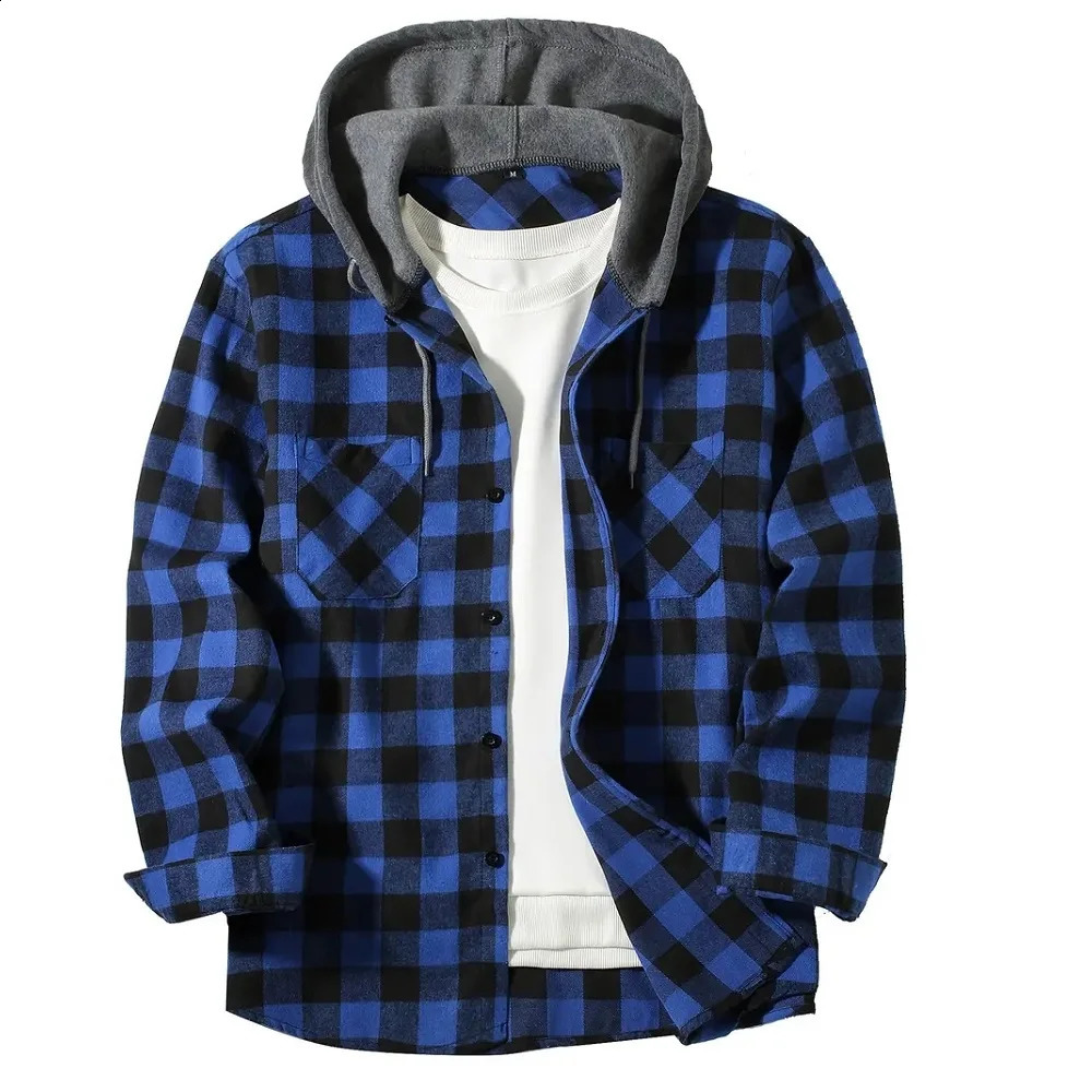 Hoodie Mens Shirts Classic Plaid Casual hoodie Button Down Hooded Long Sleeved Double Pockets Shirt Hoodie Flannel Jacket Spring Autumn Tops