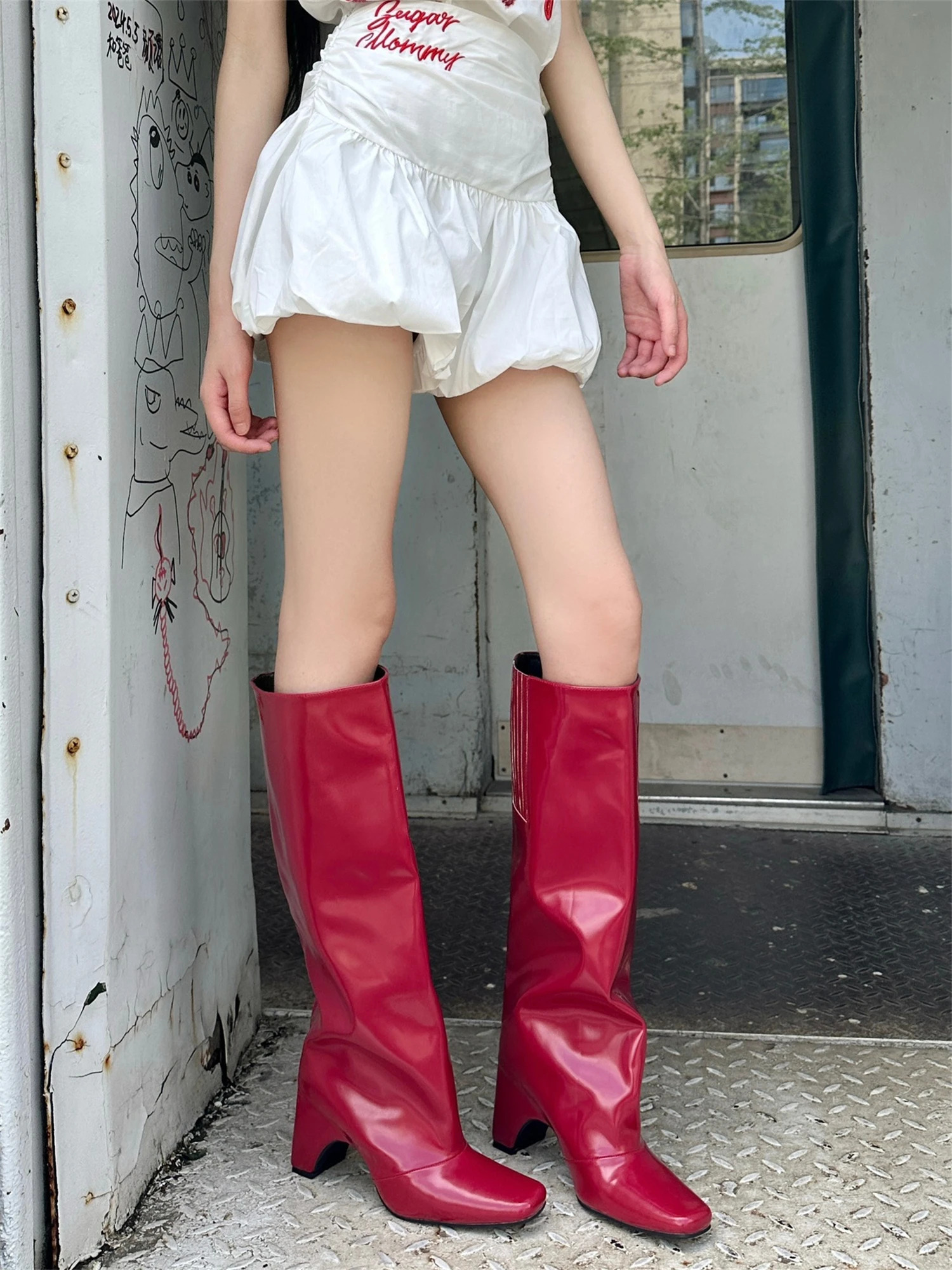Rubber Bridge Knee High Santiago Black Red White Sier Artificial Leather New Square Toes Fall Brand Women's Boots