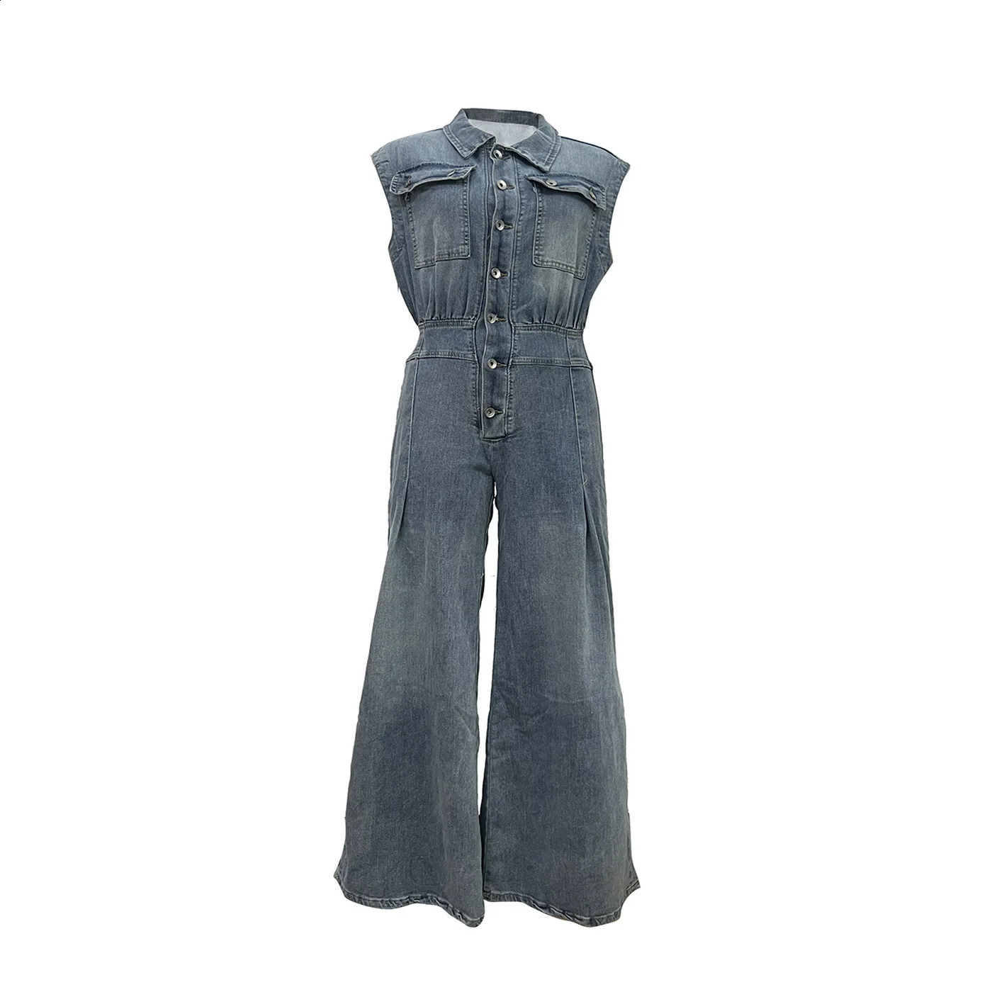 Sexy womens wide leg jeans elegant collar denim loose jumpsuit 240925