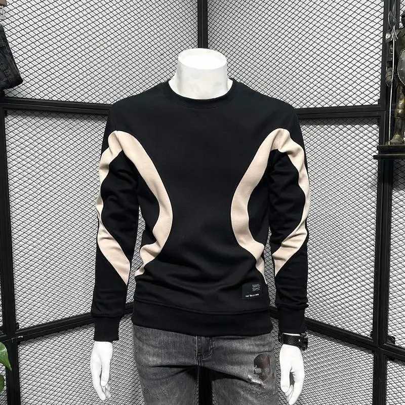 Men Trendy Contrast Color Patchwork Simple Casual All Match Sweatshirt Y2K Autumn Male Round Neck Long Sleeve Slim Pullover TopsX240925