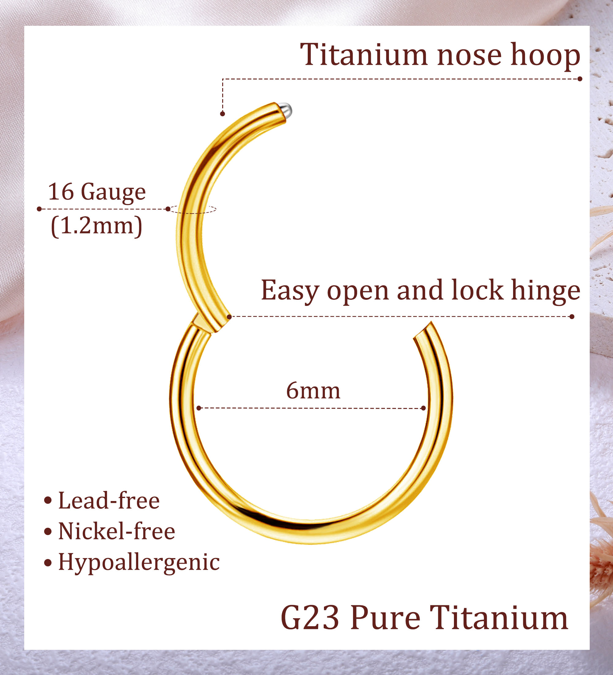 TUPMI Titanium Nose Rings Hoops 16G Hinged Nose Piercing Hoop G23 Septum Click Nose Rings Lip Rook Lobe Tragus Helix Daith Conch Cartilage Hoop Earrin
