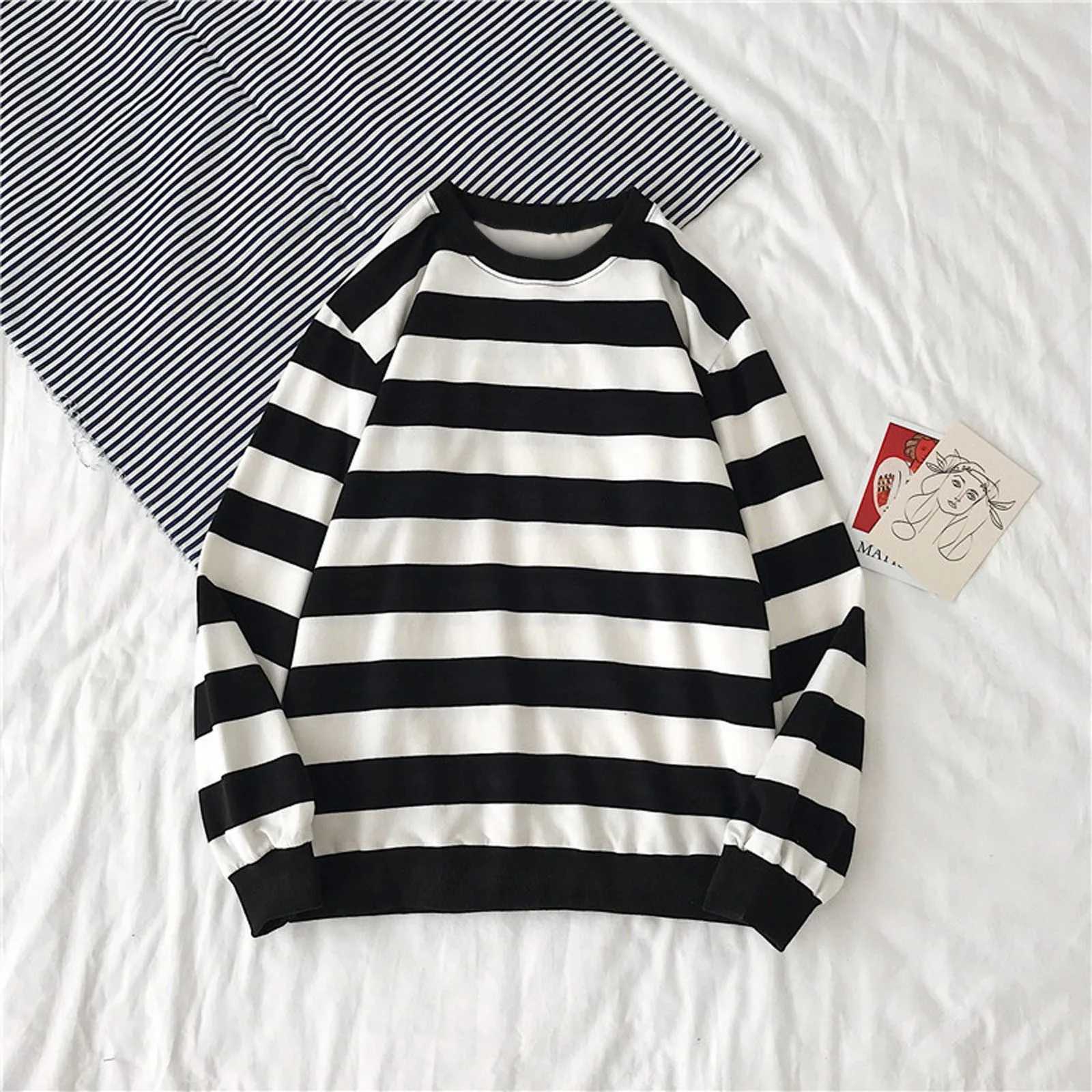 Mens Spring And Autumn Sweatshirts Round Neck Pullover Tops Long Sleeved Stripe Printing Loose Casual Fashion BlousesX240925