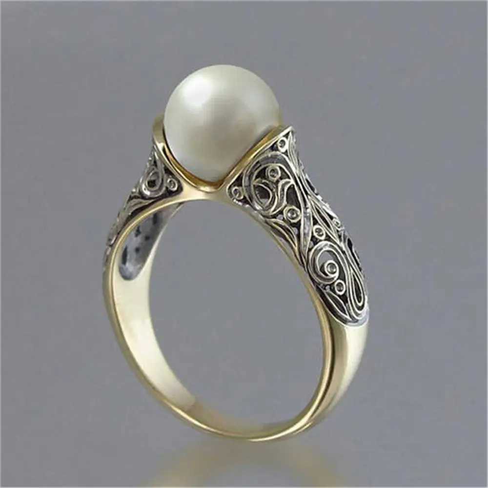 1 piece of fashionable retro inlaid white pearl ring gold-plated womens ring jewelry wedding ring engagement ring W240925