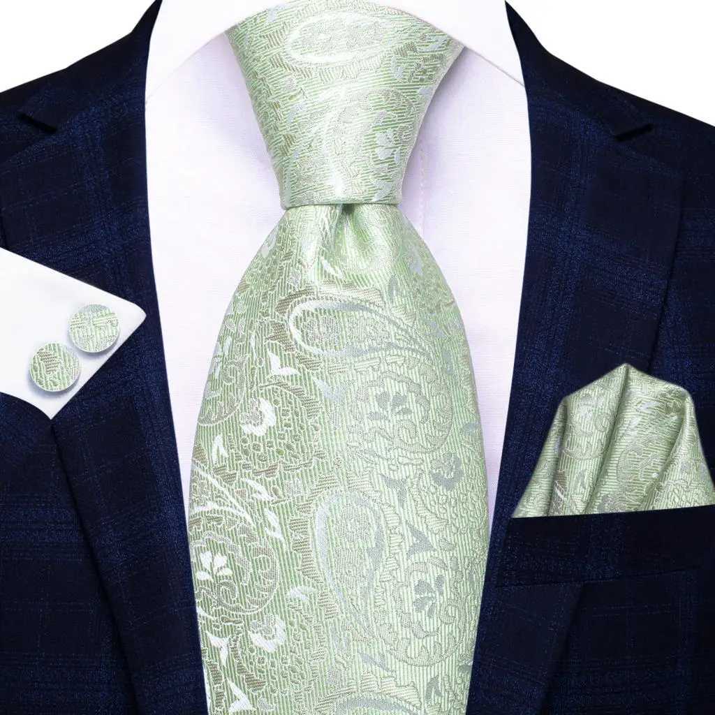 Sage Green Paisley 2022 New Fashion Brand Ties for Men Wedding Party Necktie Set Handky Cufflinks Gift Wholes Hi-Tie X2504071