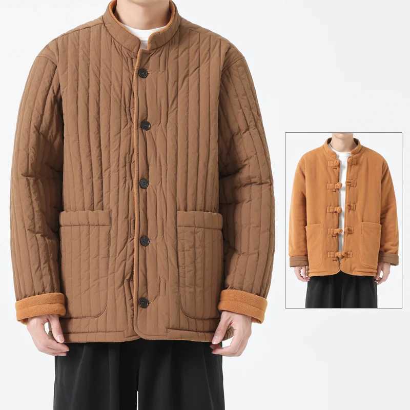 Retro bedding cotton Parkes mens solid color stand up collar jacket Chinese style Harajuku plush couple jacket worn on both sides Y240925