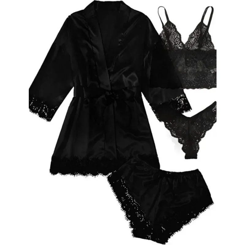 Black Sexy Women's Satin 4-piece Lace Silk Suspender Tops Shorts Robe Pamas Set Nightgown Underwear Nightdress Suit