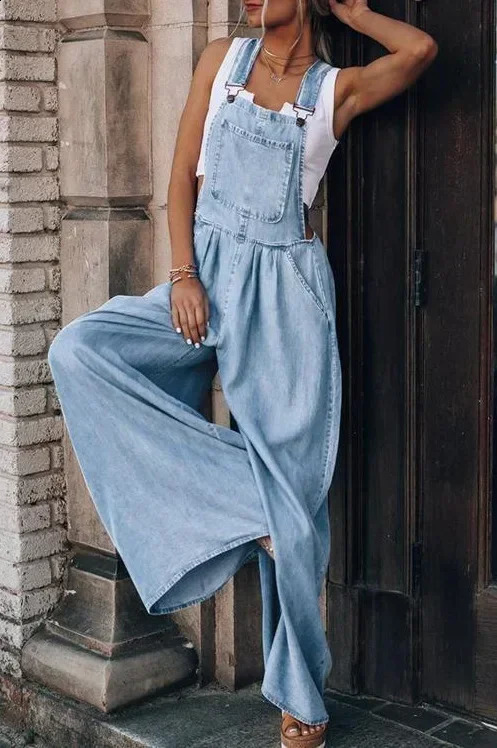 Pocket wide leg suspension denim jumpsuit womens full set denim BibSquare neck daily fit sleeveless for summer and autumn 240925