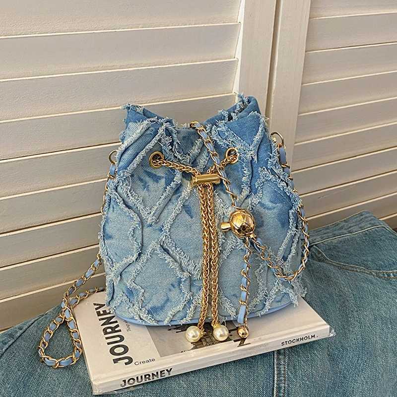 Denim Bucket Crossbody Bags for Women Chains Shoulder Strap Pearl String Designer Bags Luxury Solid Color Casual Fashion Purse M240925