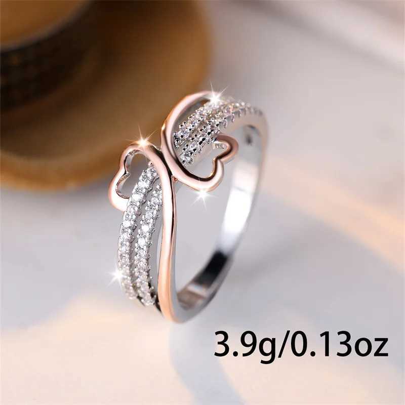 Two tone rose gold silver double heart-shaped ring suitable for women white zircon Ins Unlimited Wedding Band bridal engagement jewelry W240925