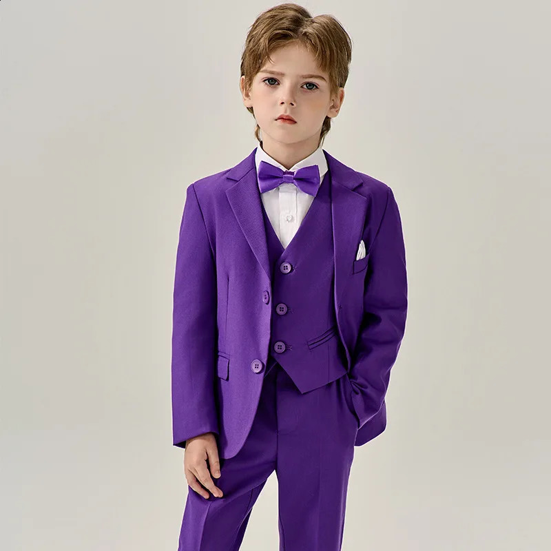 Boys Purple Formal Slim Fit Suit Set child Wedding Birthday Performance Pography Costume Kids Blazer Vest Pants Bowtie Outfit 240919