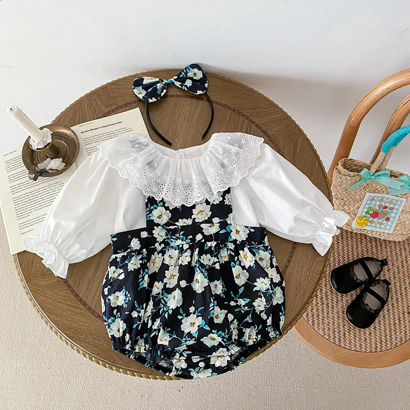Autumn Korean Baby Girls 2PCS Clothing Lace Long Sleeve Shirt Flower Strap Pants Set Preschool 240925