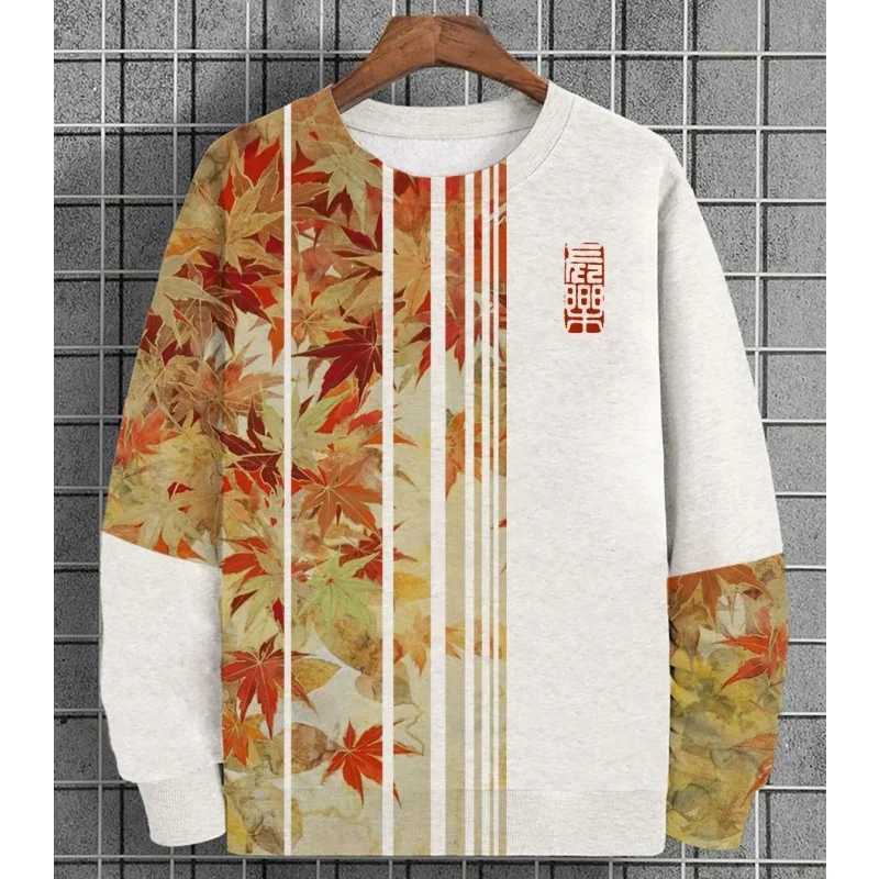 Mens floral cat pattern hoodie plant stripes 3D printing spring and autumn long-sleeved round neck casual sweater fashion largeX240925