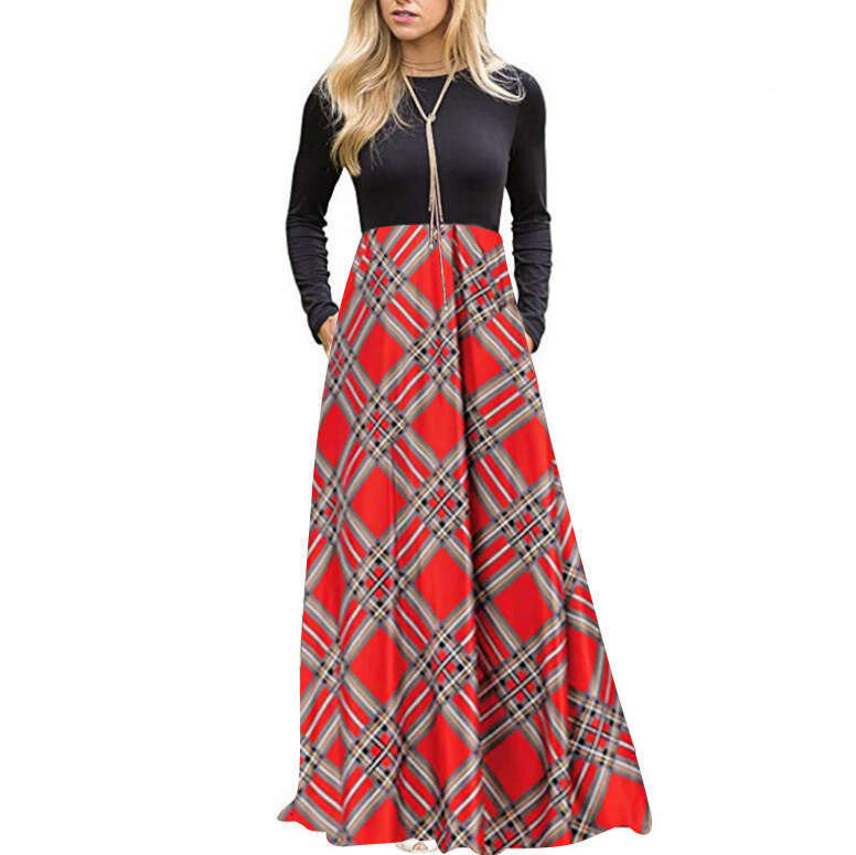 24 Spring Autumn Round Neck Splicing Color Contrasting Grid Pattern Fashion and Leisure Big Swing Long Dress Women's Wear