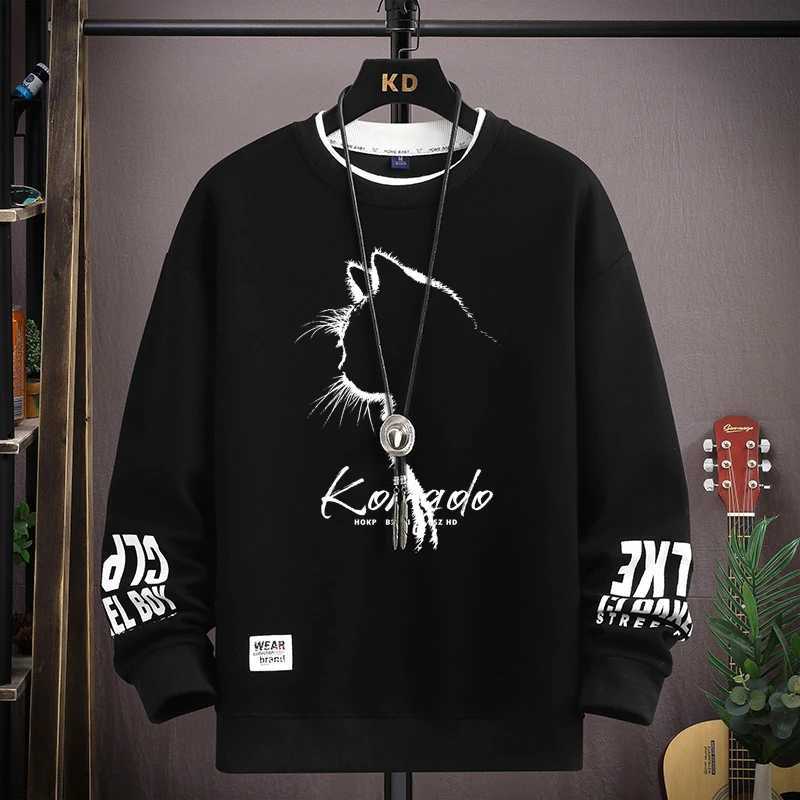 Spring Autumn Mens Sweatshirt Japan Cartoon Cat Sportswear Long Sleeved O Neck T-shirt Harajuku High Street Men Clothing 2024X240925
