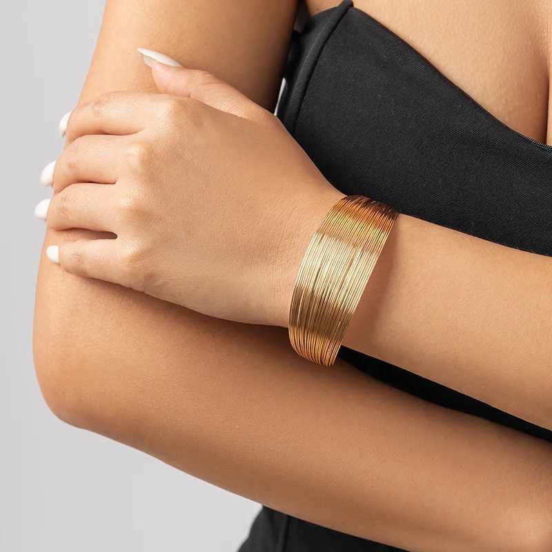 Vintage Gold Color Multi-Layer Opening Wide Cuff Bracelet For Women Punk Metal Adjustable Personality Bracelet Jewelry GiftsX240925
