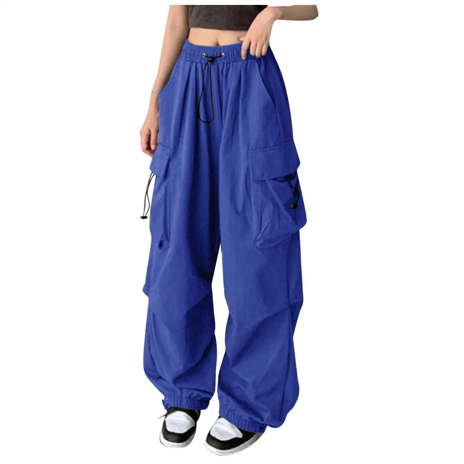 Multi pocket unisex solid color cargo womens high waisted pleated loose sports elastic casual hip-hop wide leg pants Z260314