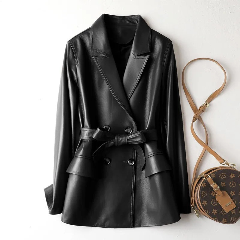 Womens sheepskin suit jacket weight loss belt MIDI length genuine leather coat spring and autumn 240924