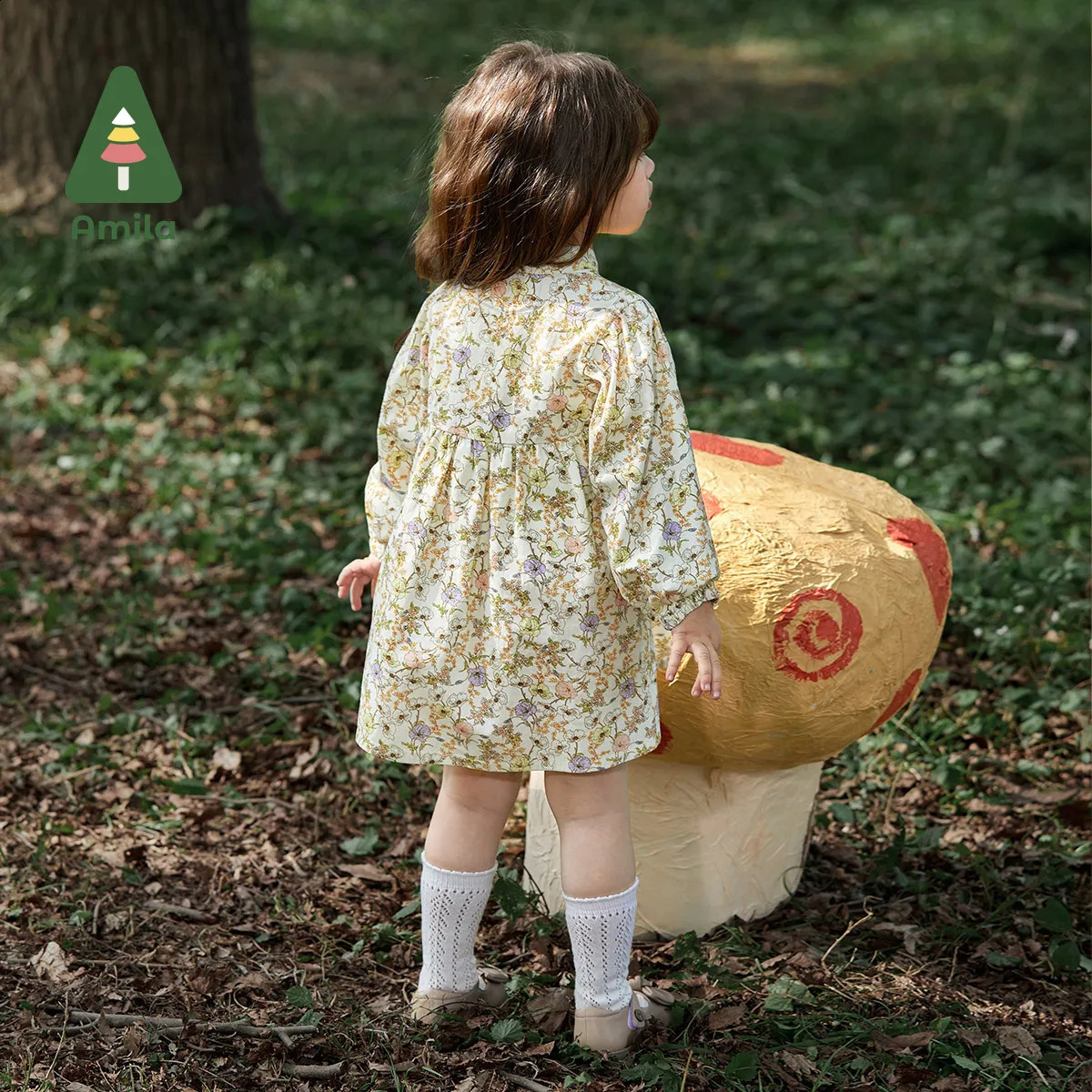 Amila Baby Girls Flowers Dress Spring Collection 100% Cotton Long Sleeve ALine Full Print Cute Childrens Clothing 240925