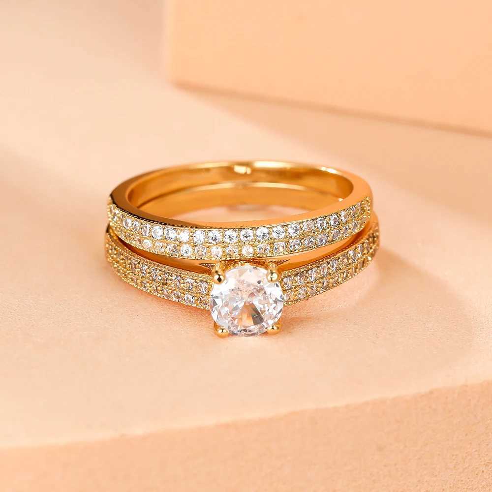 Luxury Bridal Set Round Stone Ring Female Black Gold White Zircon Wedding Ring Promise Engagement Ring Set Jewelry W240925