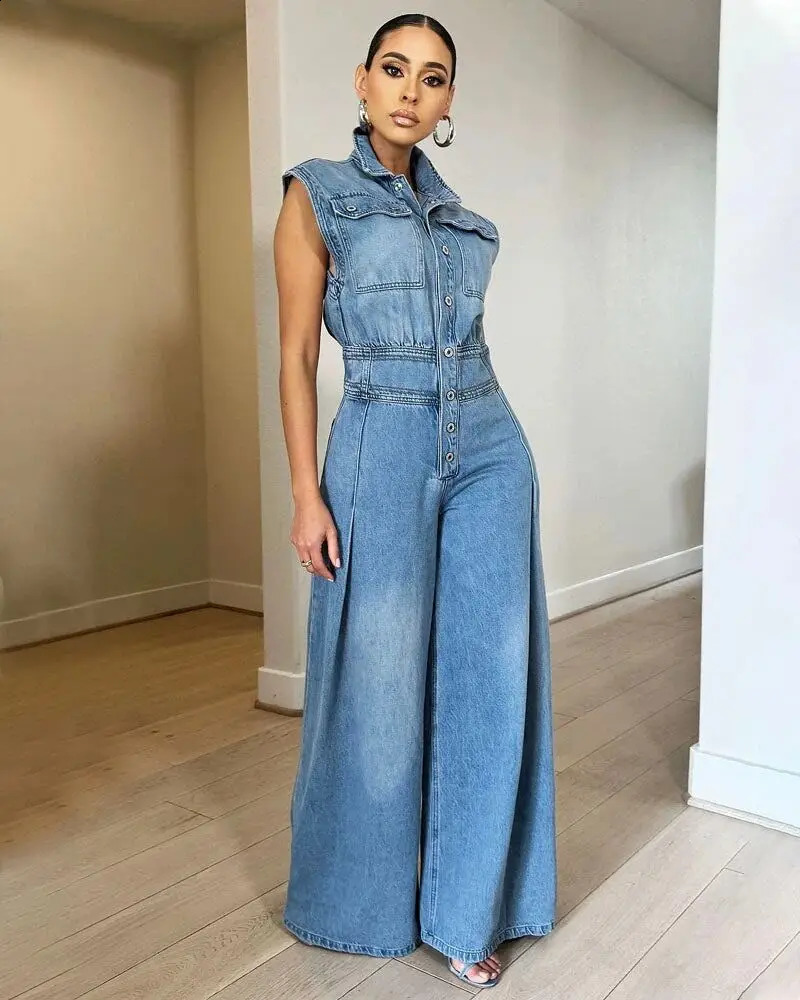 Sexy womens wide leg jeans elegant collar denim loose jumpsuit 240925