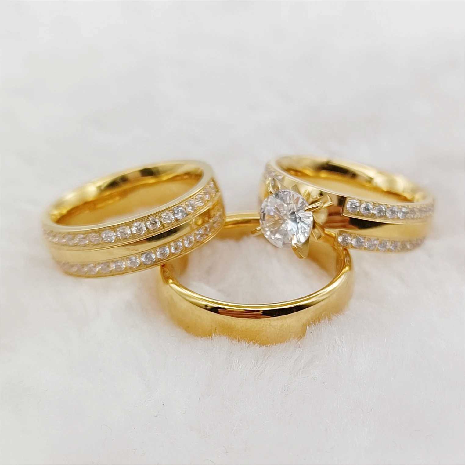 High quality 3-piece wedding engagement ring set suitable for couples CZ diamond 18k gold-plated fashionable jewelry lover ring W240925
