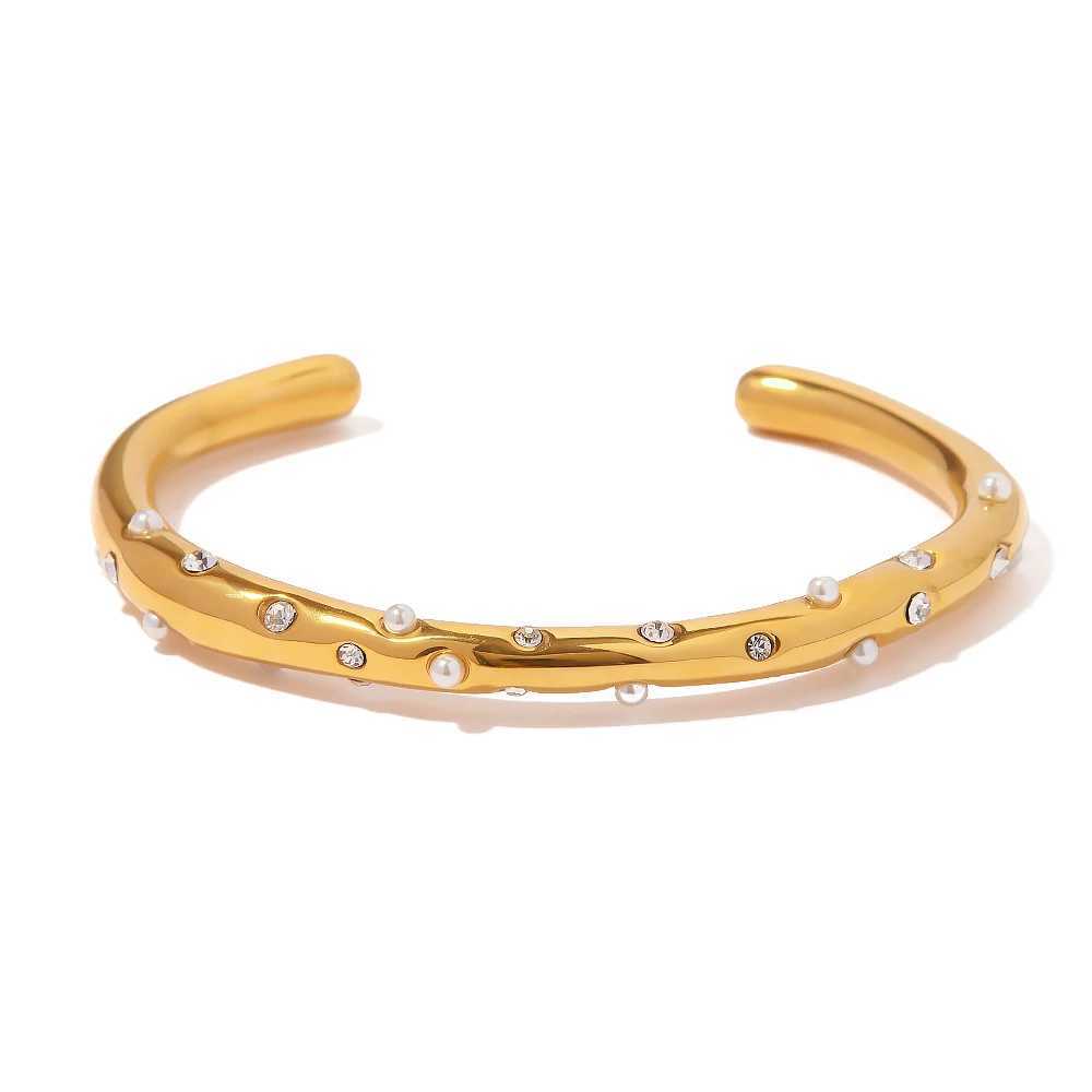 Youthway Stainless Steel Pearl Cubic Zirconia Bracelet Geometric Open Cuff Bracelet Minimalist Texture Personalized JewelryX240925