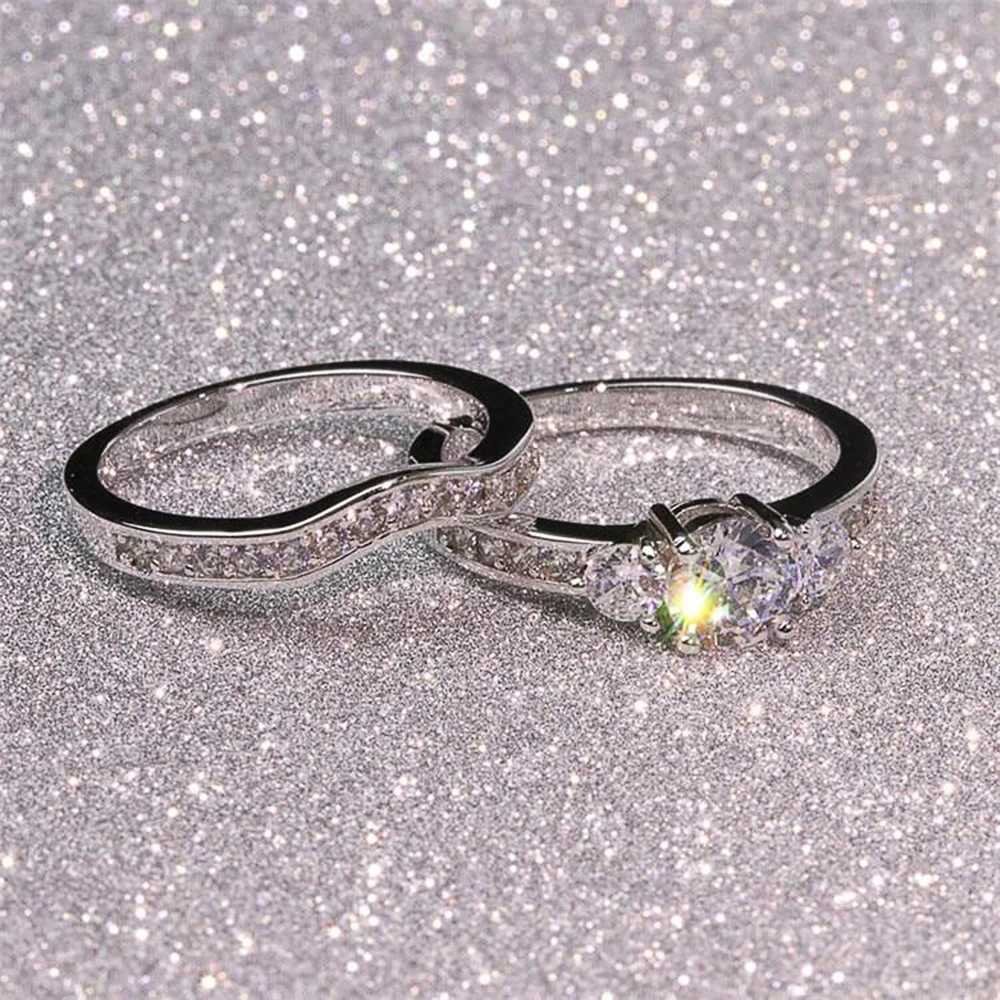 Huitan Double Stacked Set Ring Womens Silver 2PCS Wedding Ring Shining Cubic Zircon Anniversary Gift Statement Jewelry W240925