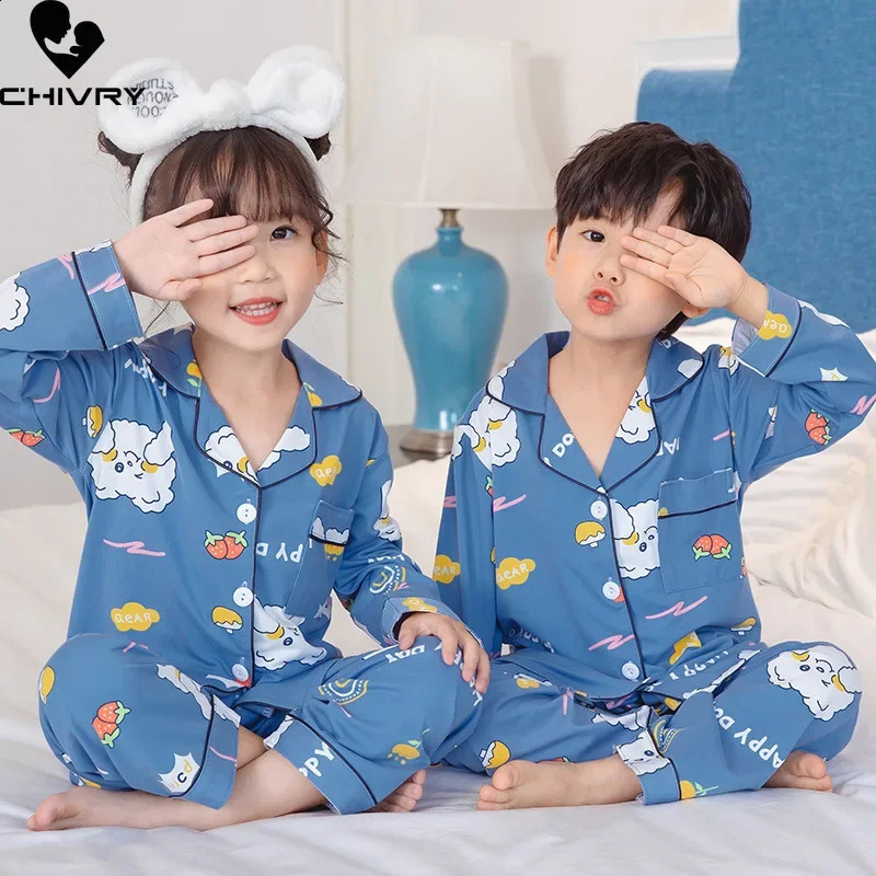 Kids Boys Girls Pajamas Casual Cartoon Long Sleeve Lapel Shirt Tops with Pants Baby Summer Loose Sleeping Homewear 240921