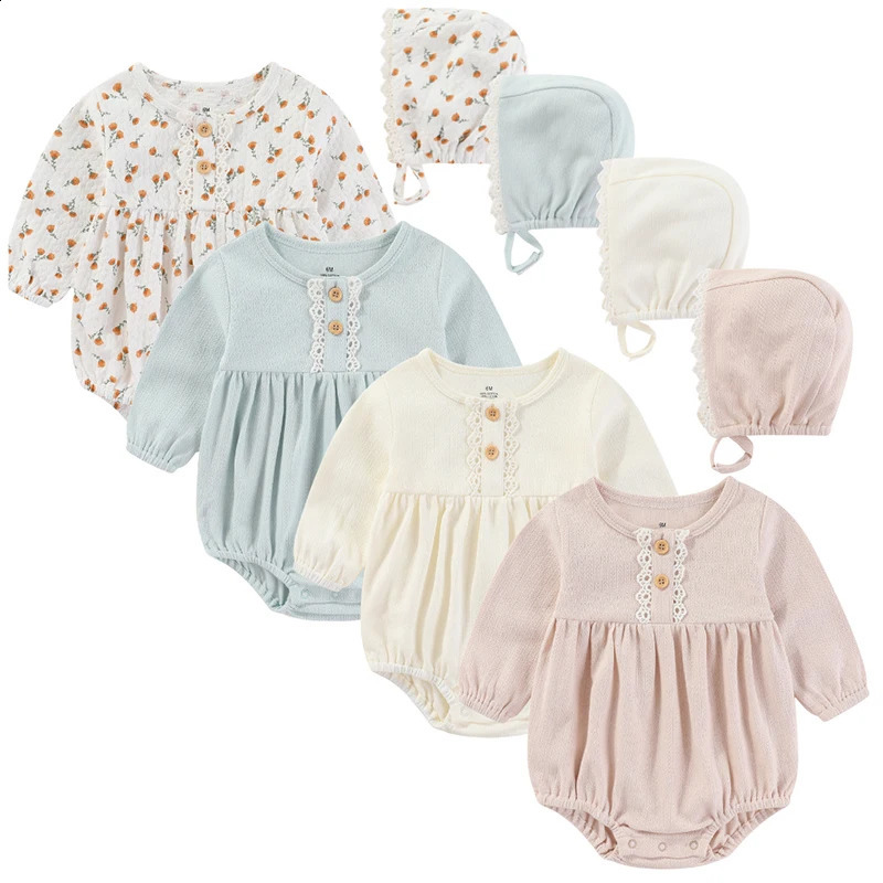 born baby girl clothing set 024 months cotton tight fitting clotheshat long sleeved lace solid color jumpsuit printed Beibei 240925