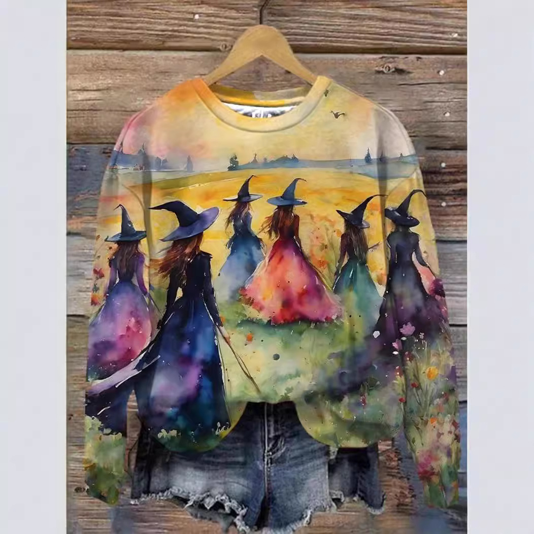 Plus Size Round Neck Halloween Witch 3D Sweatshirt for Women dh5727163