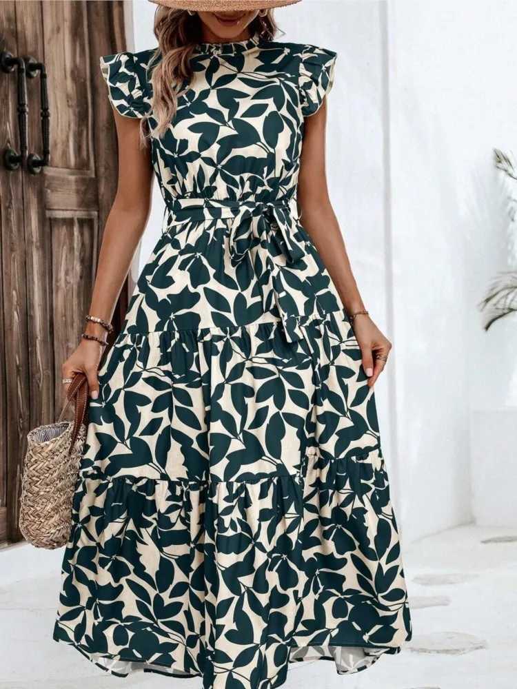 Elegant Womens Flower Midi Dress New Summer Fashion Stand Collar Flying Sleevel Lace Up Dress Casual Beach Holiday Dresses Robe M240924