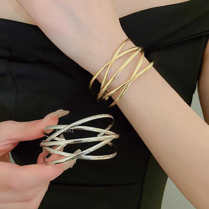 Punk Multilayer Metal Wires Strings Bracelets Bangles For Women Vintage Exaggerated Gold Color Wide Open Cuff Bangles JewelryX240925