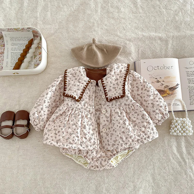 Winter Baby Girl Clothing Set Cotton Long Sleeve Top with Velvet Pendant jumpsuit Thick Warm Coat 240925