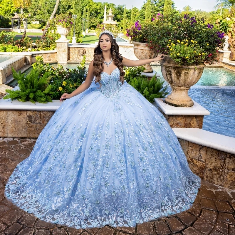 Sky Blue Shiny Princess Quinceanera Dresses Ball Gown Off The Shoulder Lace Applique Beading Tull Corset Sweet 16 Vestido 15 De Anos