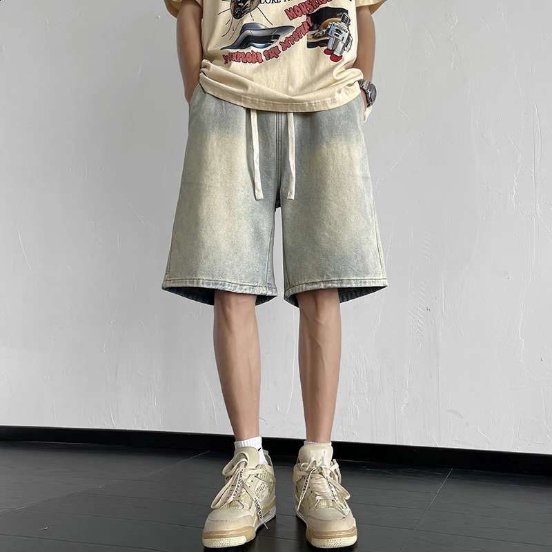 Summer mens denim shorts loose straight wide leg elastic waist pocket clothing 240925