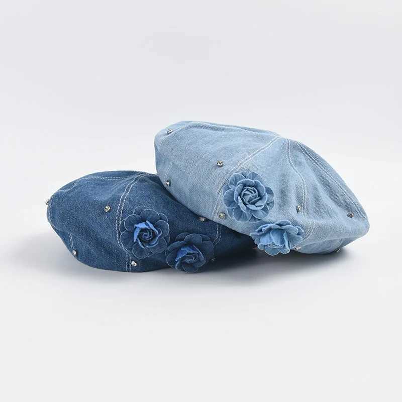 Diamond denim beret womens fashion version simple floral artist hat niche design Boina Casquette W240924