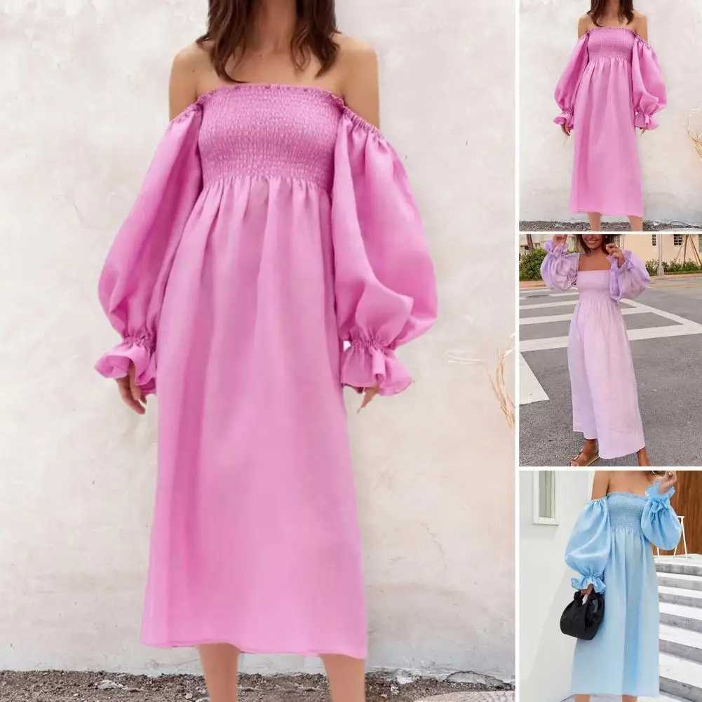 Casual Women Dress Elastic Chest Wrap Lantern Long Sleeve Sweet Dress Square Collar Off Shoulder Summer Midi Dress Streetwear M240924
