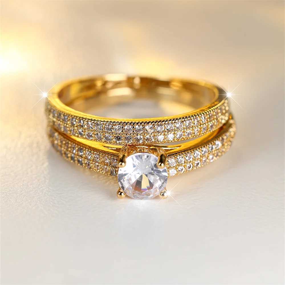 White zircon engagement ring set luxury crystal round stone womens double ring retro gold wedding ring Bohemian jewelry W240925