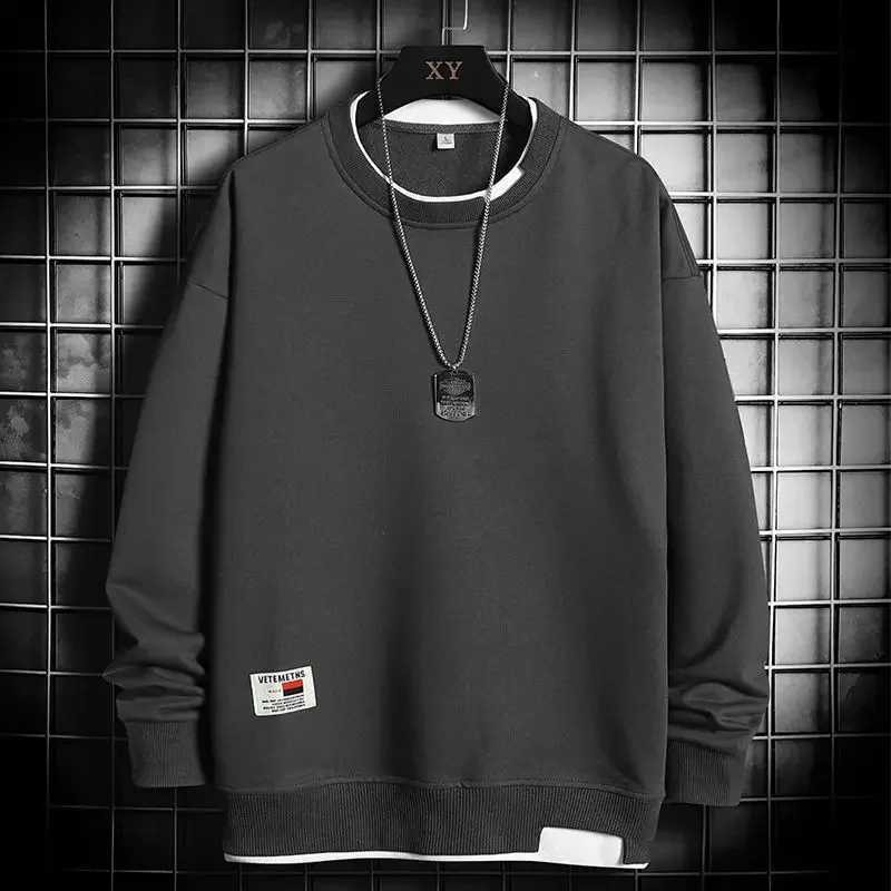 Mens Autumn Winter New Trendy Round Neck Pullover Sweatshirt Long Sleeves Casual Loose Fit Two-piece Illusion TopX240925