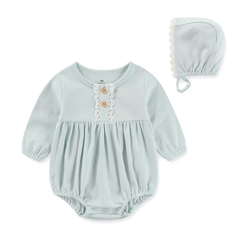 born baby girl clothing set 024 months cotton tight fitting clotheshat long sleeved lace solid color jumpsuit printed Beibei 240925