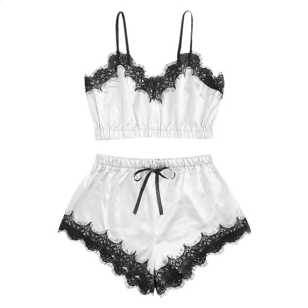 Women Pajama Suit Fashion VNeck Lace Stretch Satin Babydoll Sexy Lingerie Bowknot Pyjamas Sleep Shorts Set Sleepwear 240925