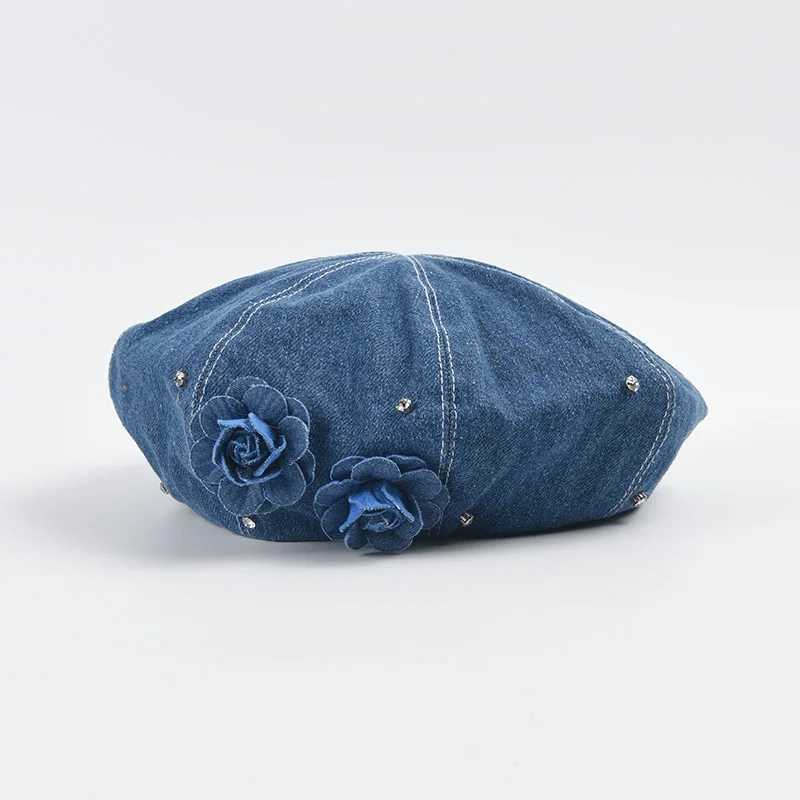 Diamond denim beret womens fashion version simple floral artist hat niche design Boina Casquette W240924