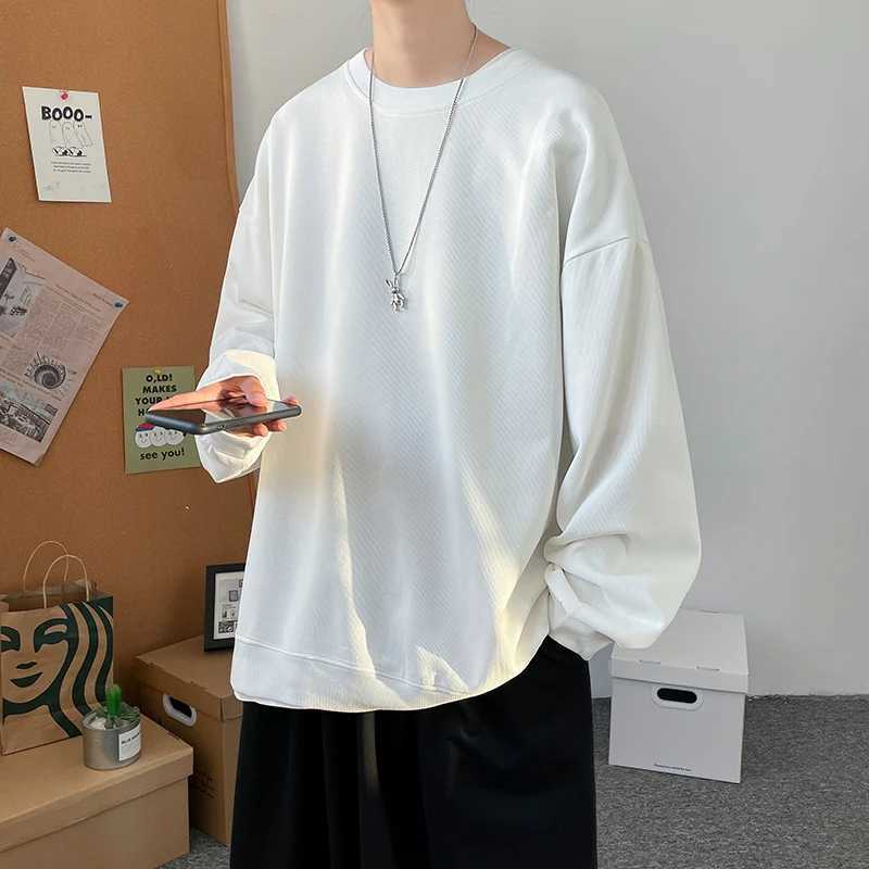 Simple Design Round Neck Sweatshirt Men Loose Streetwear Pullover Male Hoodies Black Beige PinkX240925