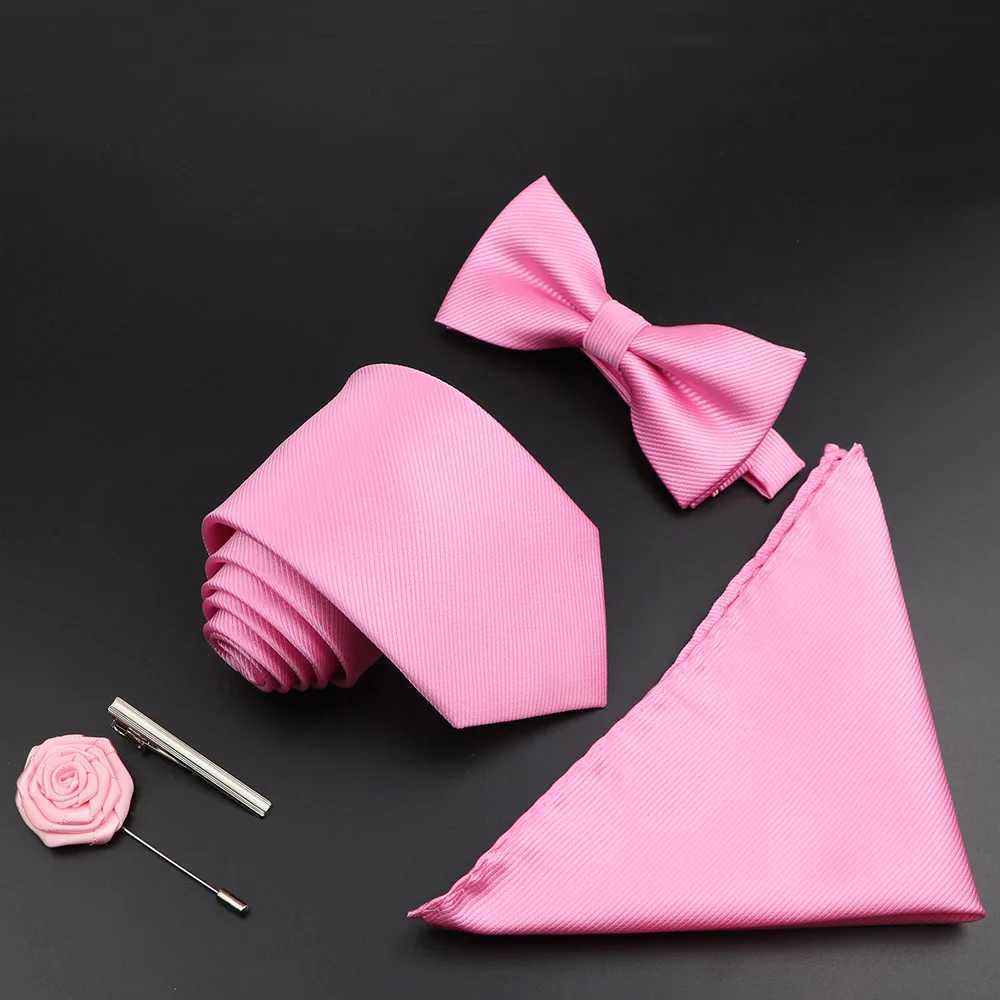 New Solid Color Silk Men Tie Set Polter Jacquard Woven Necktie Bowtie Suit Vintage Red Blue For Gro Business Wedding Party Y240925