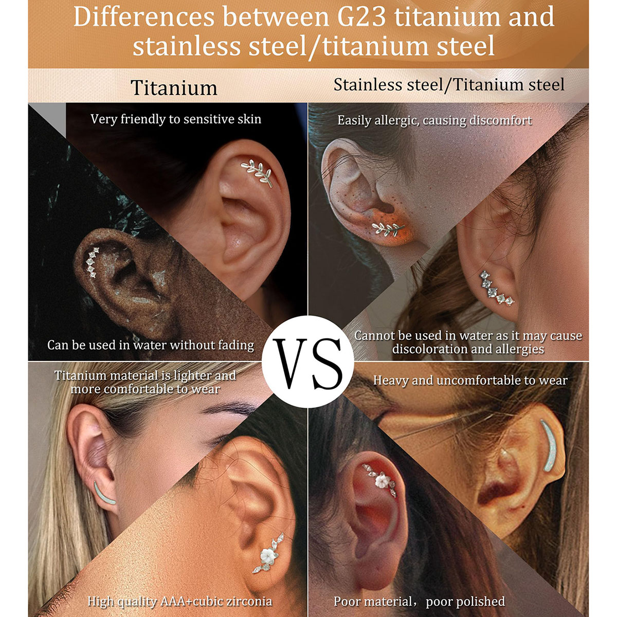 G23 Titanium Cartilage Earrings for Women 16G Pure Titanium Flat Back Stud for Sensitive Ear Cartilage Opal CZ Stud Earrings Internally Threaded Conch