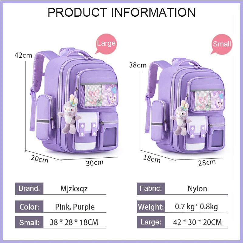 Girls School Bag Orthodontic Junior Waterproof Backpack Cute Purple Multi Pocket Mochila Baby 240724