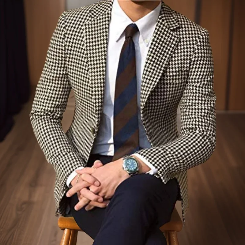 Plaid Men Suit Jacket for Business 1 Piece Check Houndstooth Male Blazer Notch Lapel American Style Wedding Suit 2024