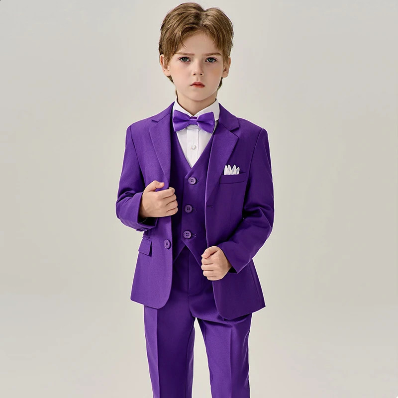 Boys Purple Formal Slim Fit Suit Set child Wedding Birthday Performance Pography Costume Kids Blazer Vest Pants Bowtie Outfit 240919