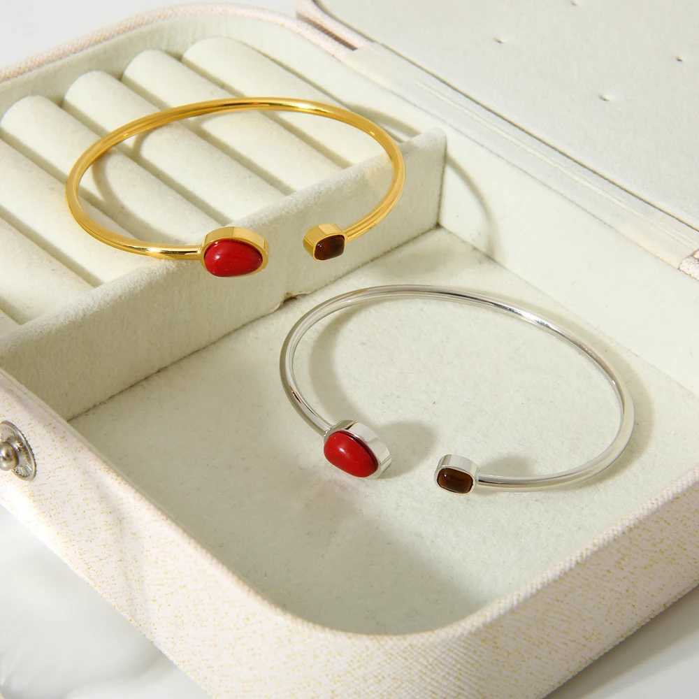 New Stainless Steel Natural Stone Open Cuff Bracelet Bangle Green Red Black Stone PVD 16K Gold Plated Tendy Jewelry for WomenX240925